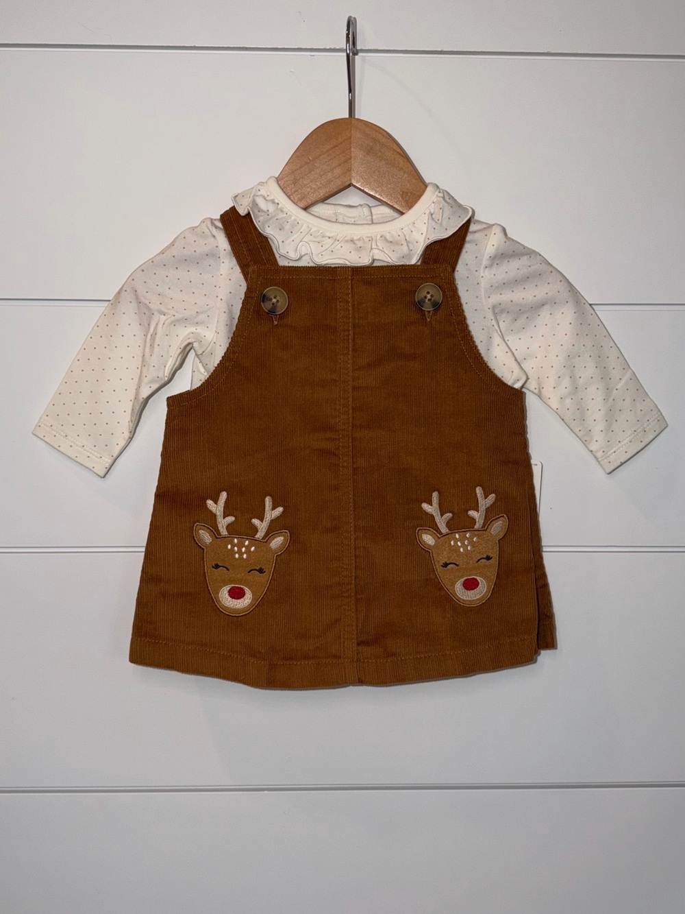 NWT Starting Out Baby Girl Reindeer Corduroy Jumper Dress Ruffle Shirt Set 6M